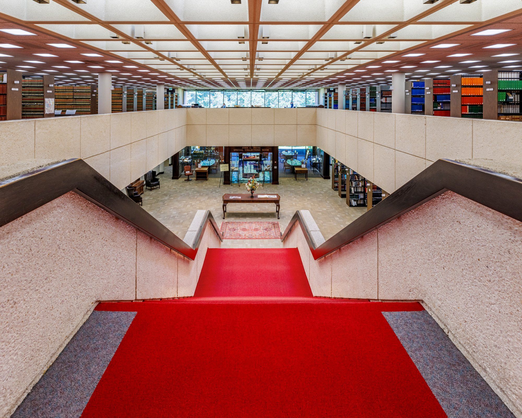 Looking down Bounds Law Library stairs to special collections